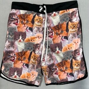 Bioworld Mens Kitten All Over Print Swim Trunks XL Cat Photo Board Shorts Black